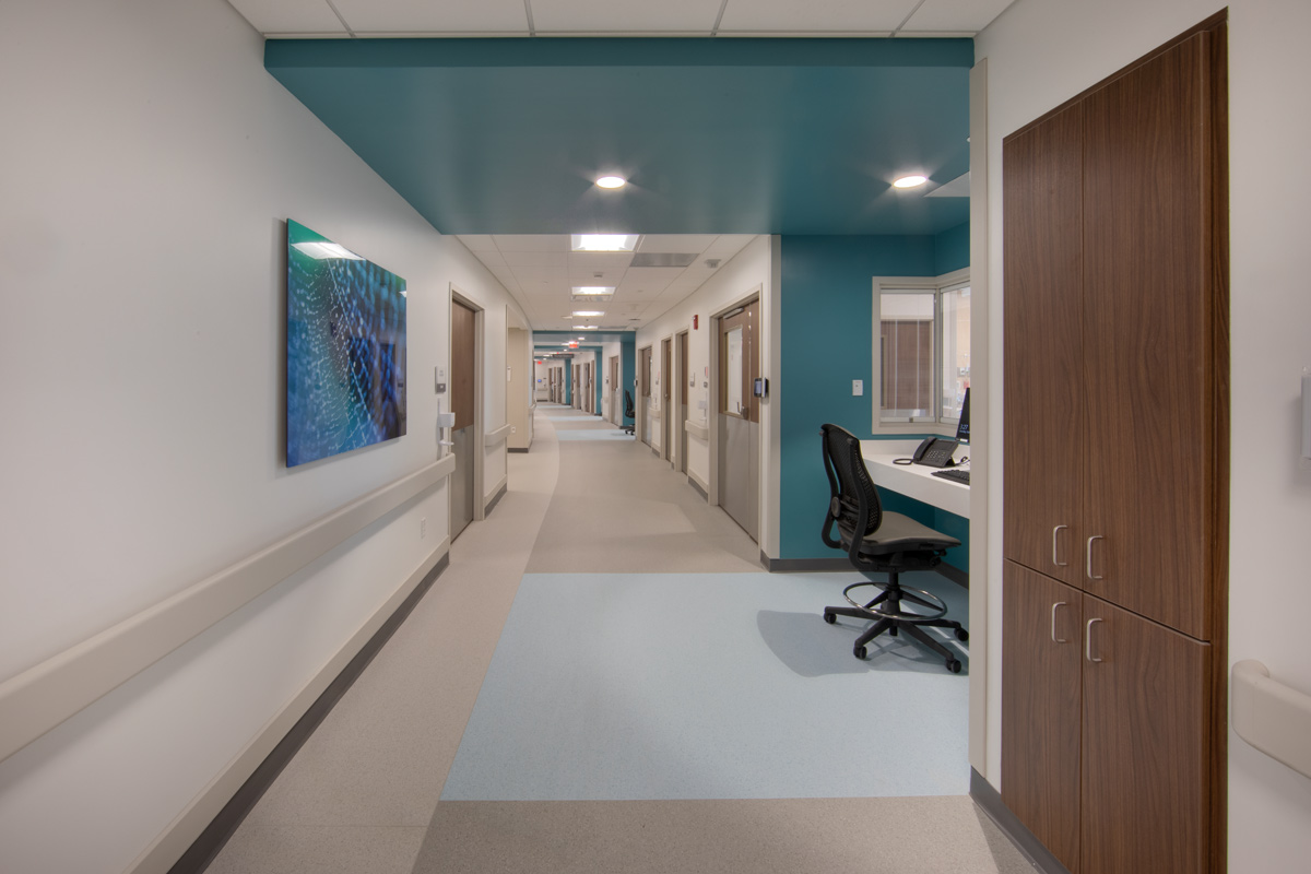 Interior design corridor view of the Jackson Health Treatment Center and ICU in Miami, FL