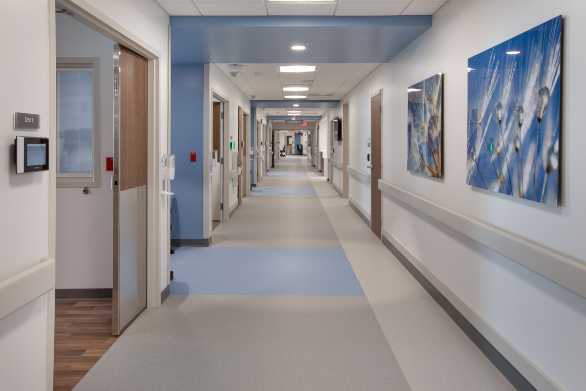 Interior design corridor view of the Jackson Health Treatment Center and ICU in Miami, FL