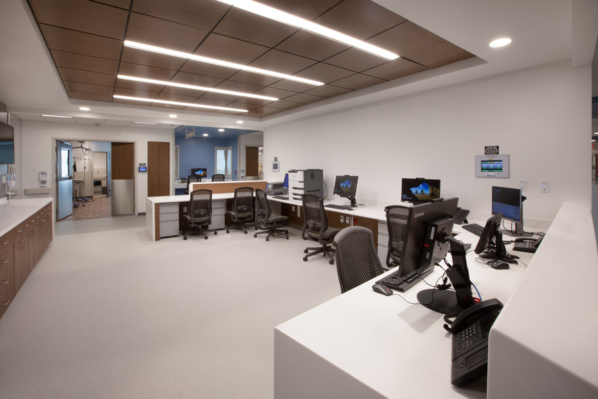 Interior design nurse station view of the Jackson Health Treatment Center and ICU in Miami, FL