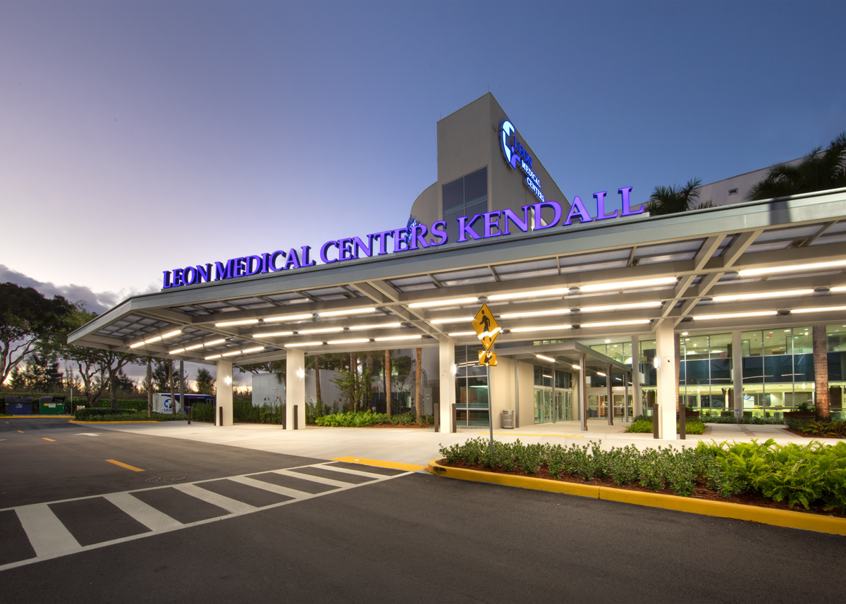 Architectural dusk view of the Leon Medical Center in Kendall, FL