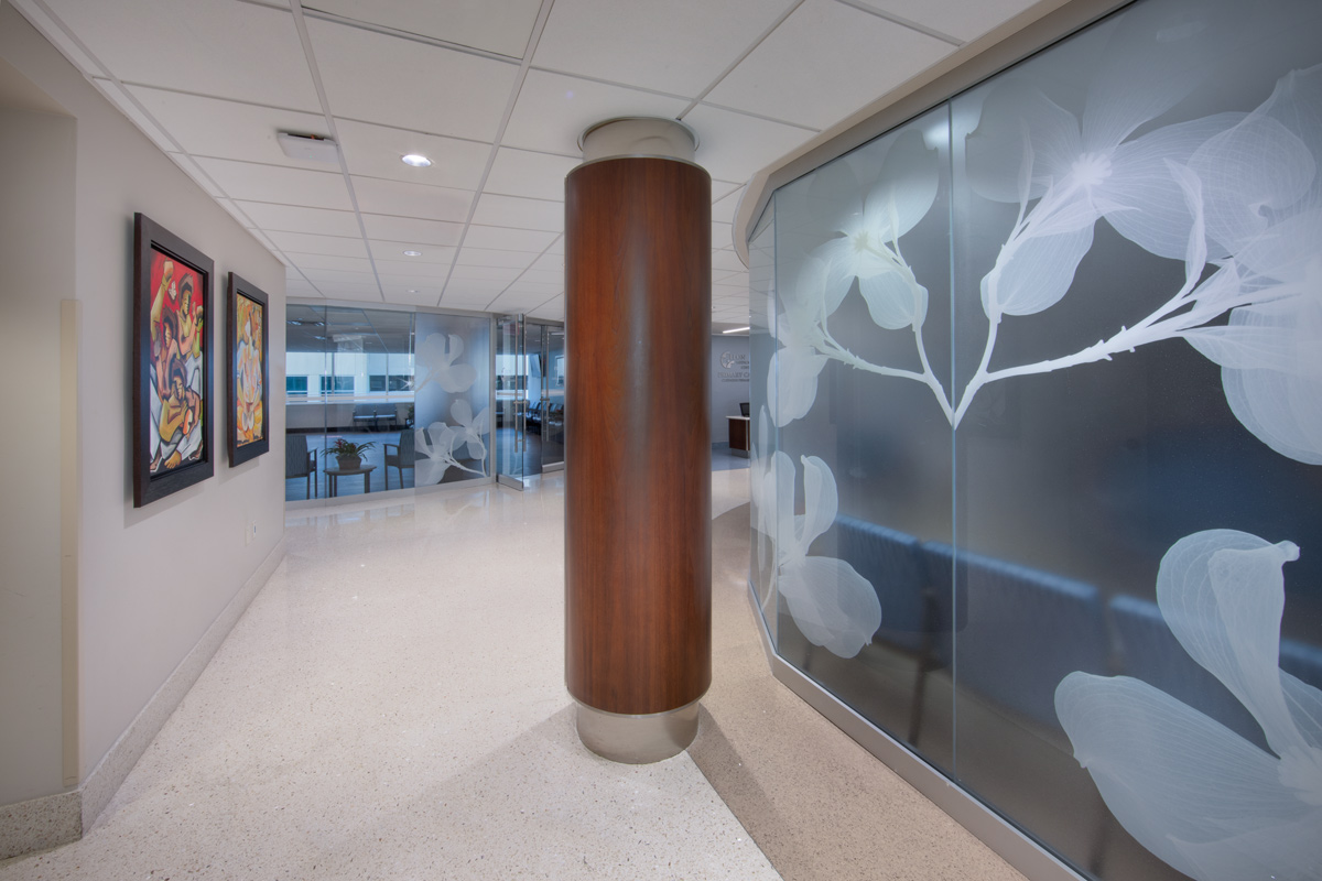 Interior design view of a waiting room corridor at the Leon Medical Center in Kendall, FL.