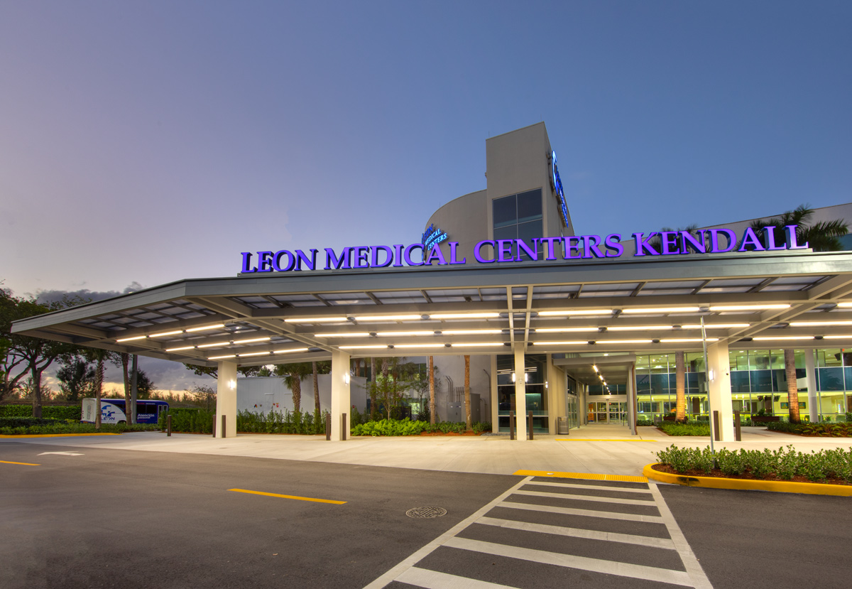 Architectural dusk view of the Leon Medical Center in Kendall, FL