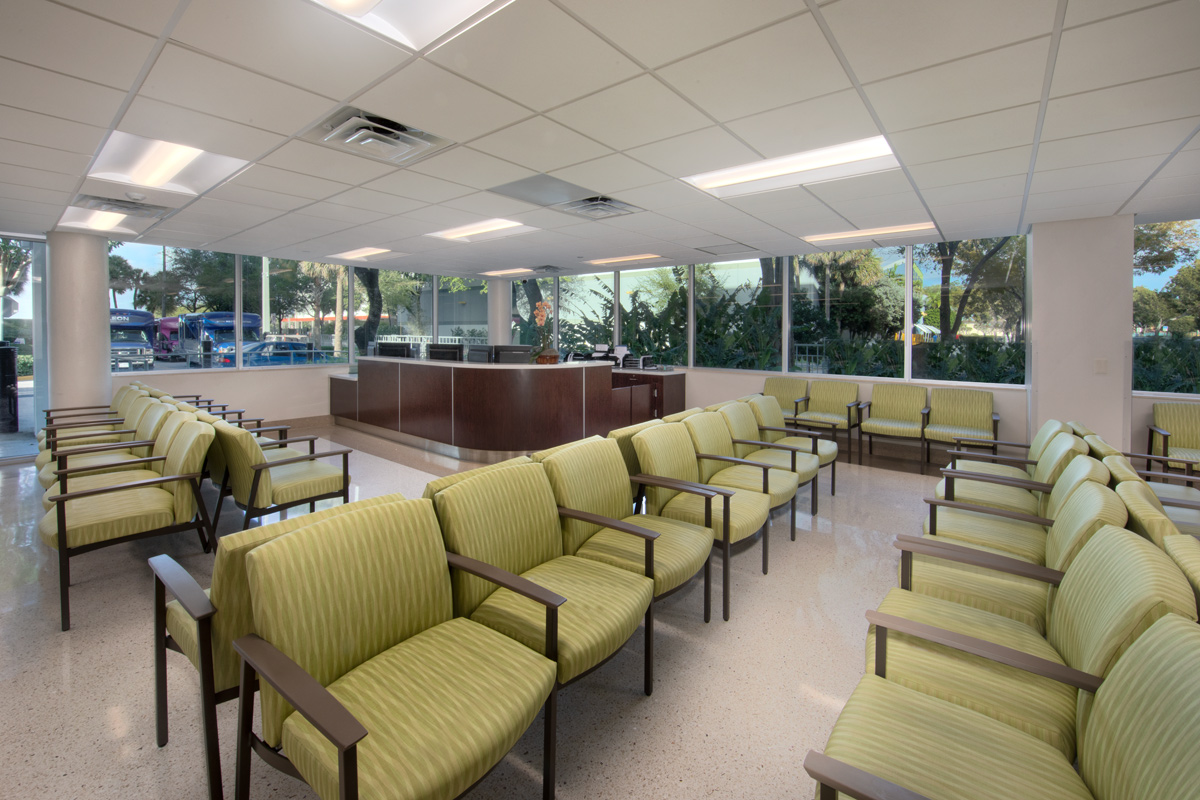 Interior design view of a waiting room at the Leon Medical Center in Kendall, FL.