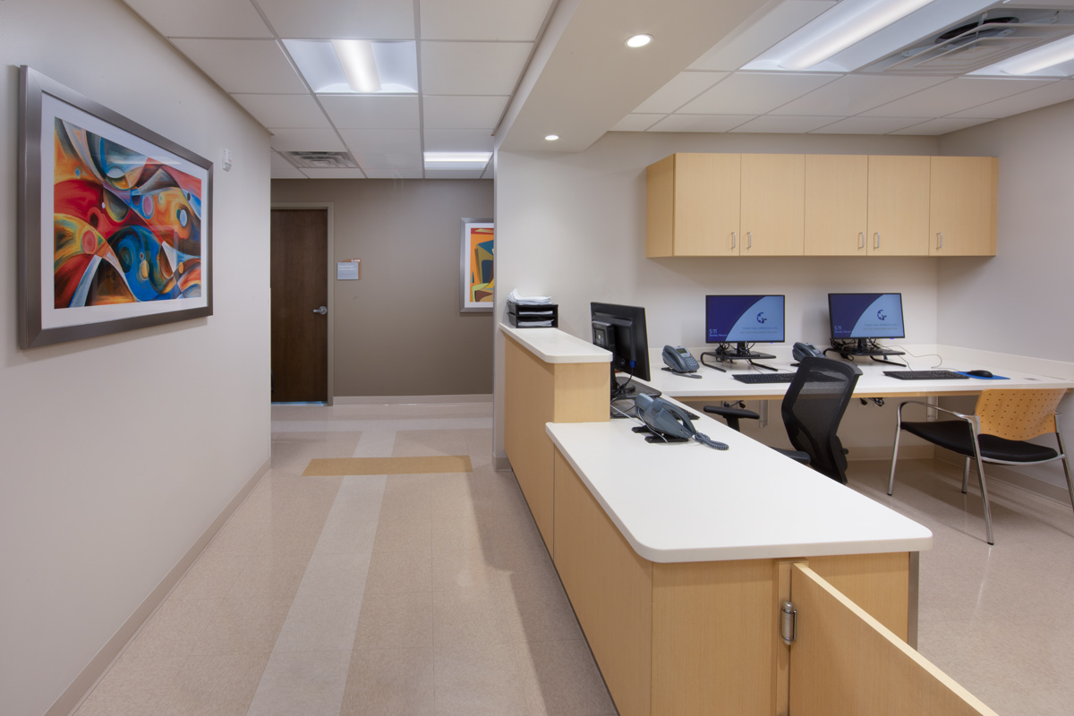 Interior design view of a primary care nurse station at the Leon Medical Center in Kendall, FL.