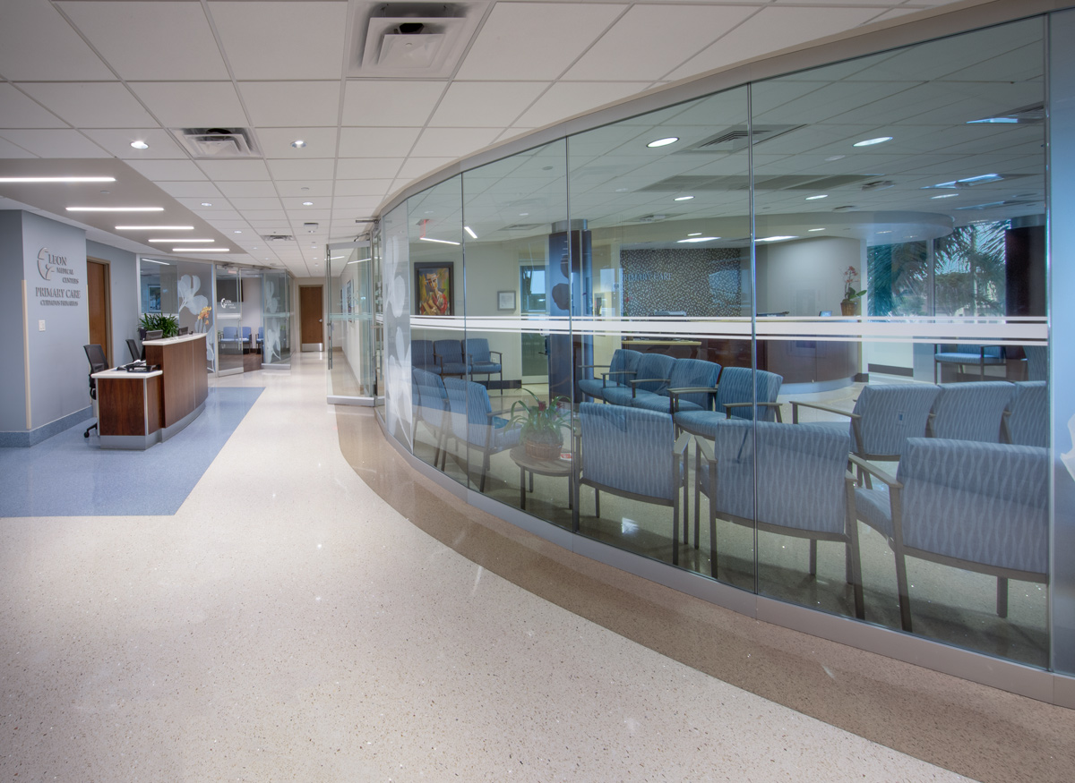 Interior design view of a waiting room corridor at the Leon Medical Center in Kendall, FL.