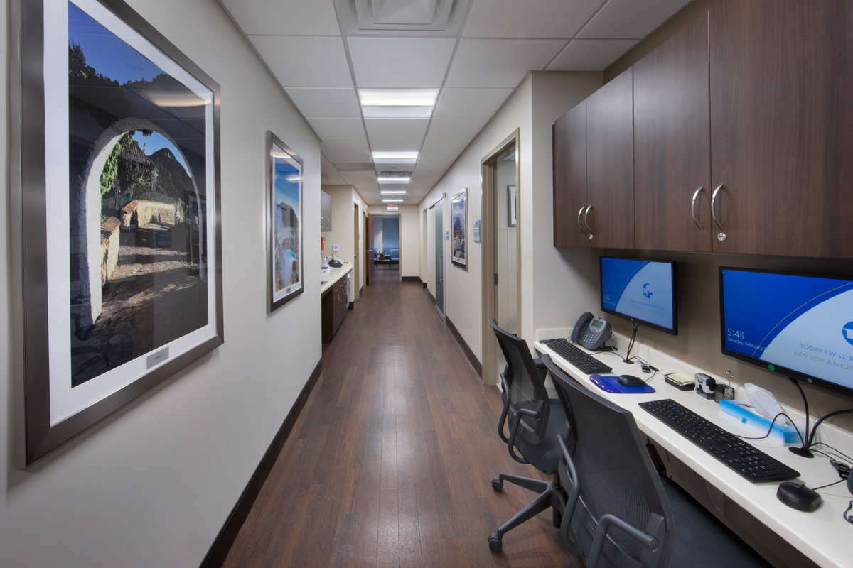 Interior design view of primary care corridor at the Leon Medical Center in Kendall, FL.