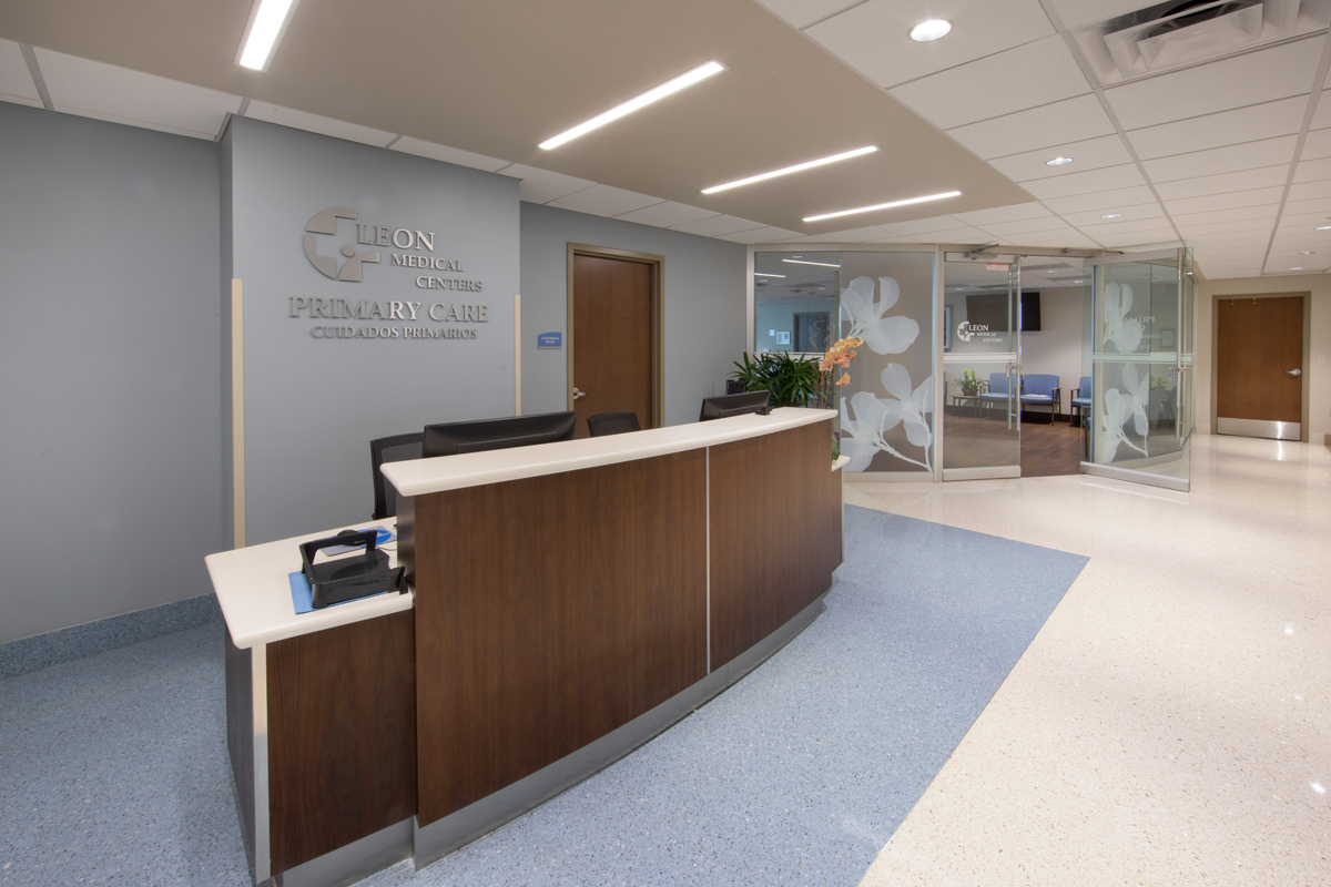 Interior design view of a primary care waiting room at the Leon Medical Center in Kendall, FL.