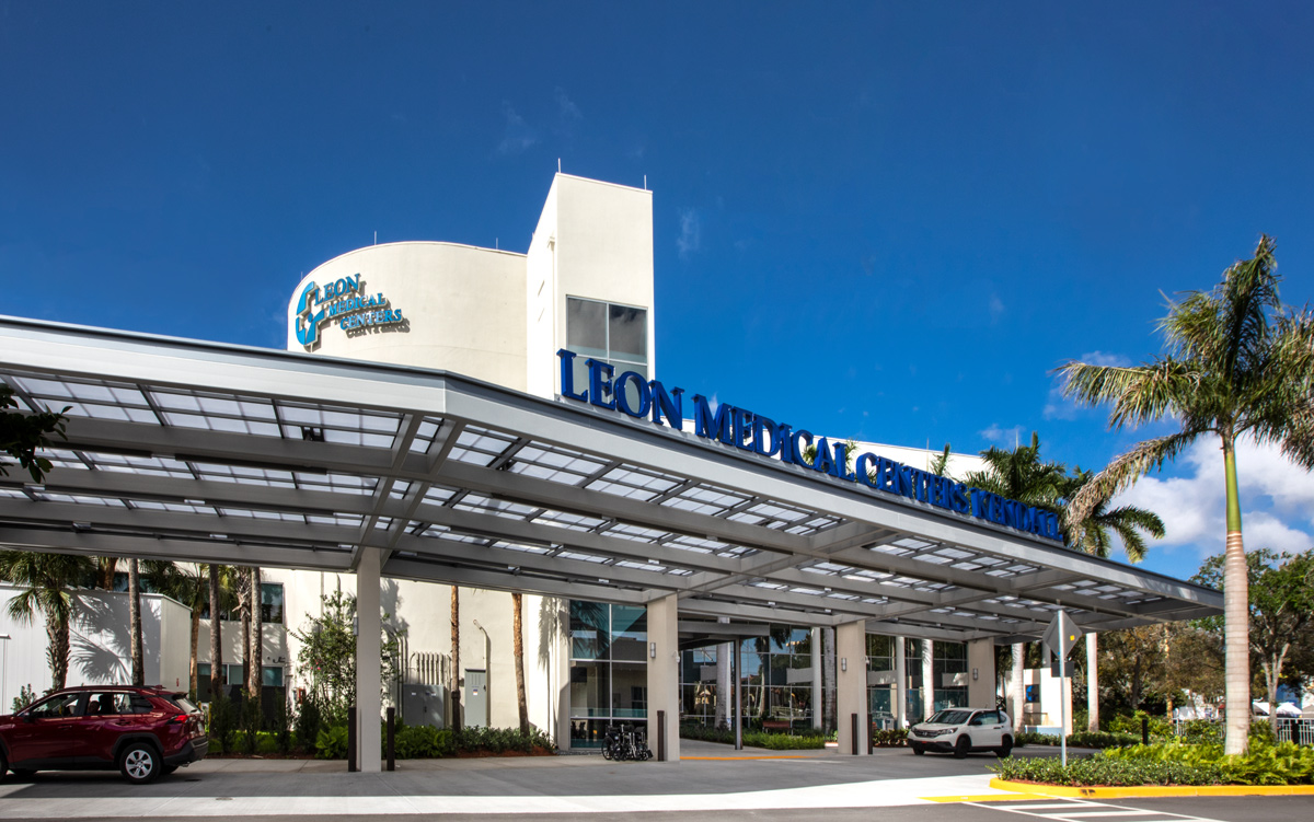 Architectural view of the Leon Medical Center entrance in Kendall, FL