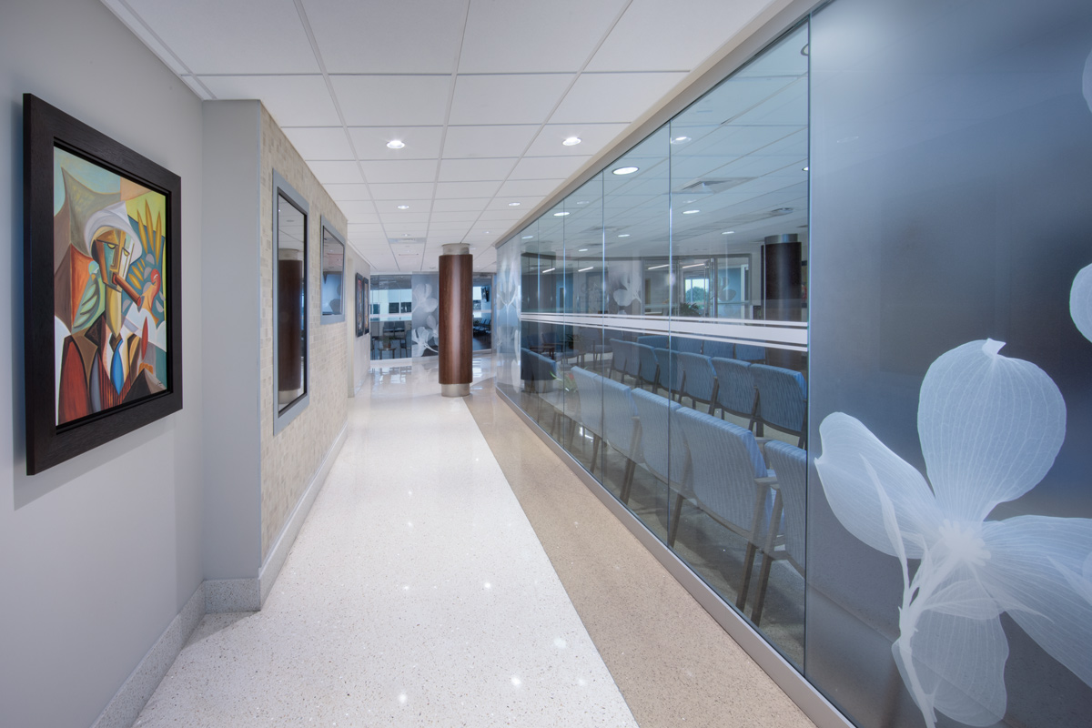 Interior design view of a waiting room corridor at the Leon Medical Center in Kendall, FL.