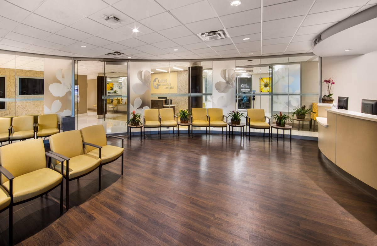 Interior design view of a waiting room at the Leon Medical Center in Kendall, FL.