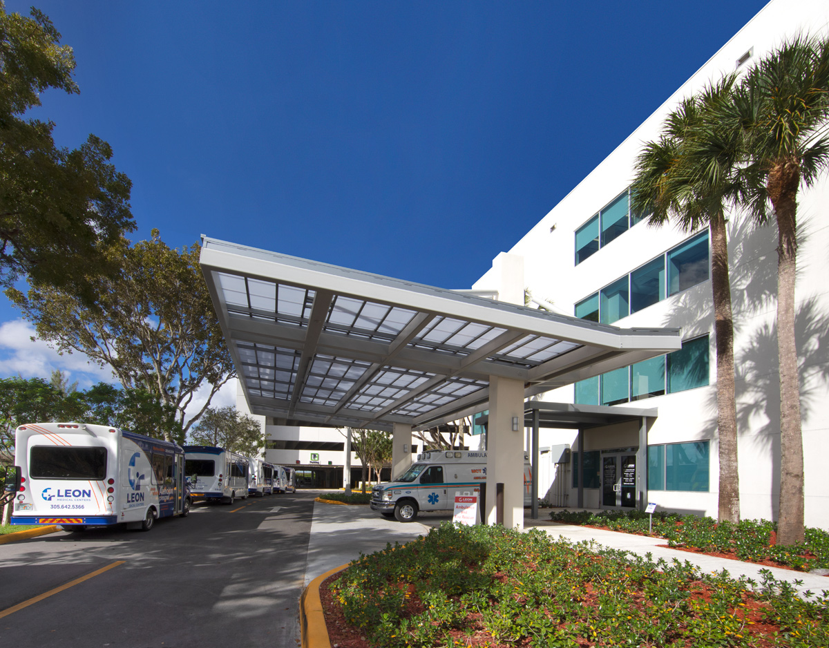 Architectural view of the Leon Medical Center emergency entrance in Kendall, FL