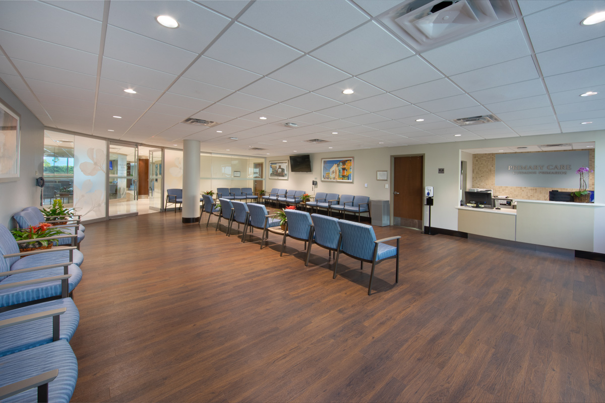 InteriorArchitectural dusk view of the Leon Medical Center emergency entrance in Kendall, FL design view of a waiting room at the Leon Medical Center in Kendall, FL.