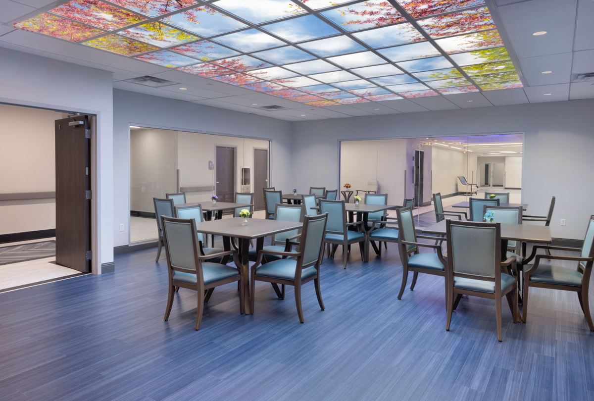 Interior design dining room view of the Victoria Nursing Home in Miami, FL.