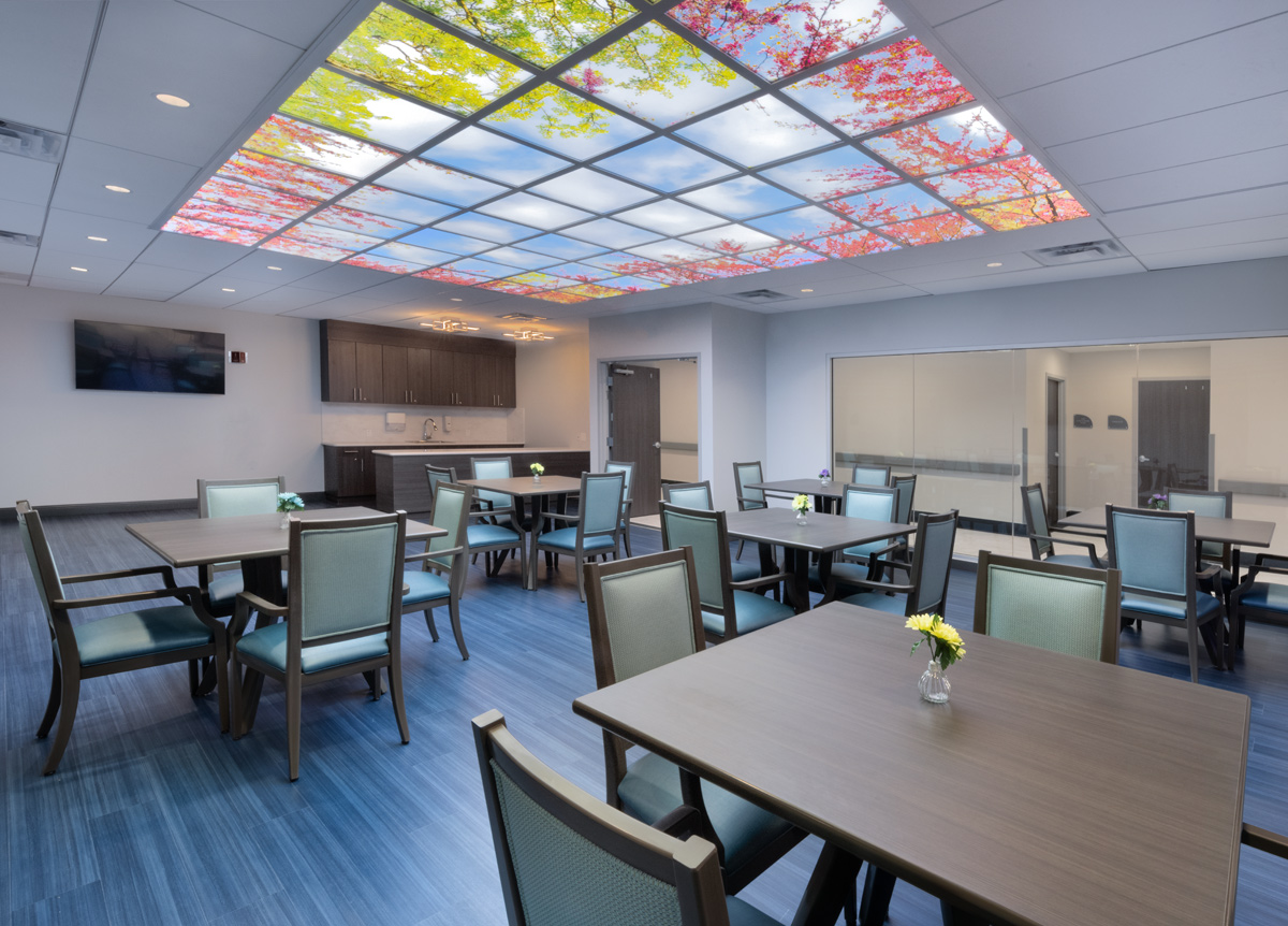 Interior design dining room view of the Victoria Nursing Home in Miami, FL.