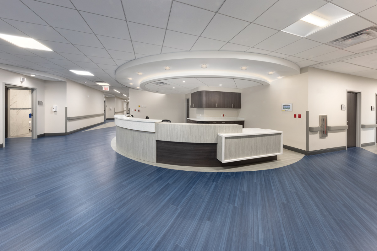 Interior design nurse station view of the Victoria Nursing Home in Miami, FL.