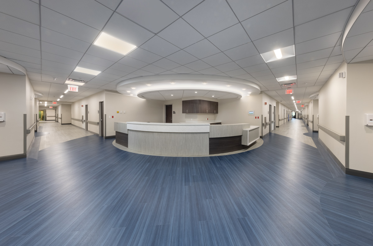 Interior design nurse station view of the Victoria Nursing Home in Miami, FL.