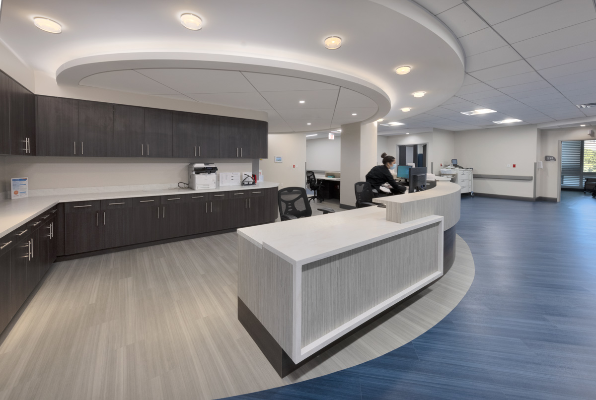 Interior design nurse station view of the Victoria Nursing Home in Miami, FL.