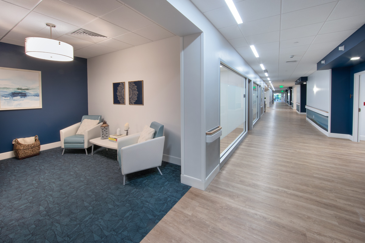 Interior design view of a corridor at the Vitas Galloway Hospice, Miami, FL