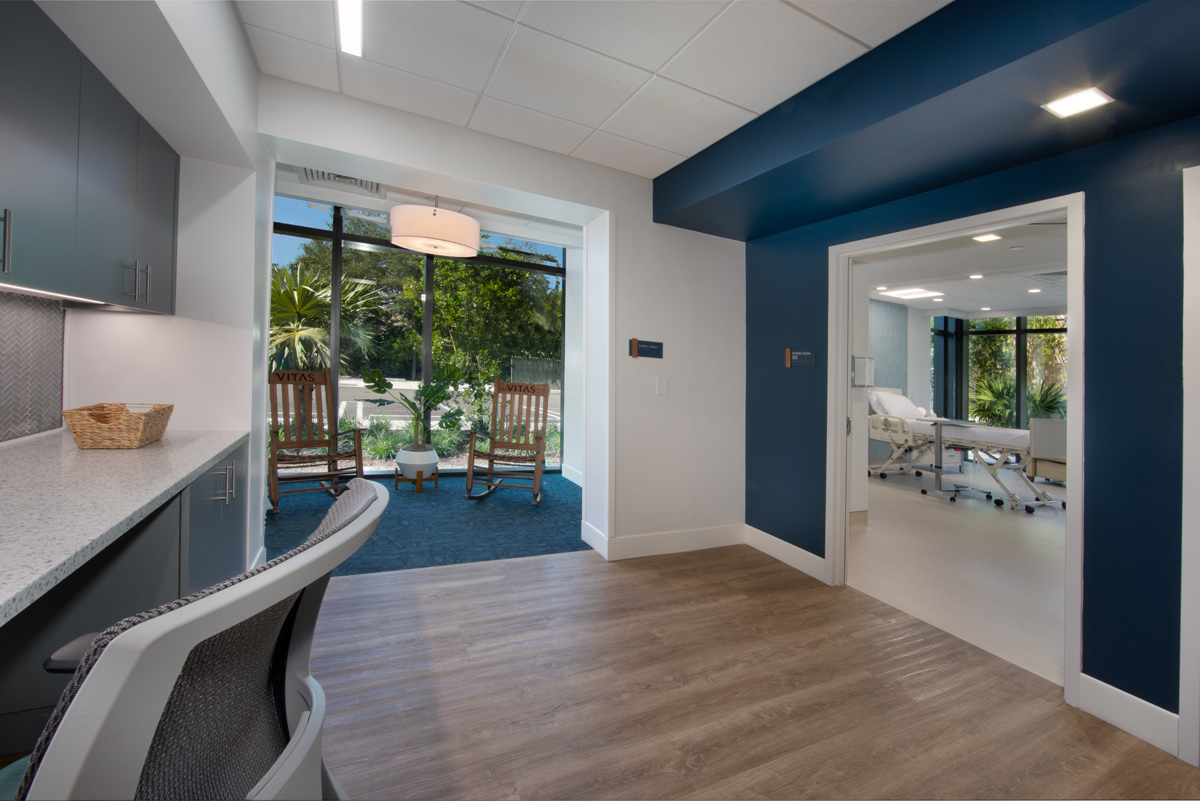 Interior design view of a nurse work station at the Vitas Galloway Hospice, Miami, FL