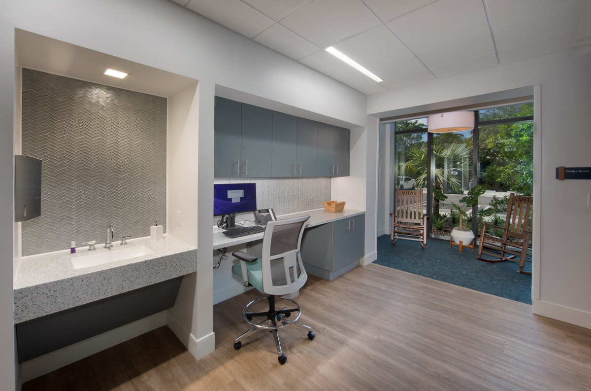 Interior design view of a nurse work station at the Vitas Galloway Hospice, Miami, FL