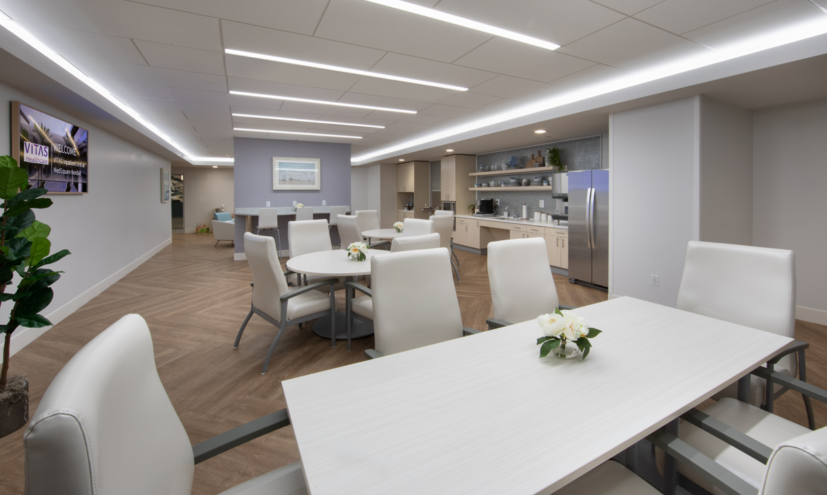 Interior design view of a lounge and dining at the Vitas Galloway Hospice, Miami, FL