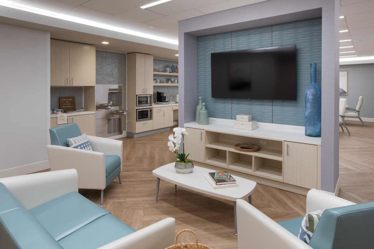 Interior design view of a lounge and dining at the Vitas Galloway Hospice, Miami, FL