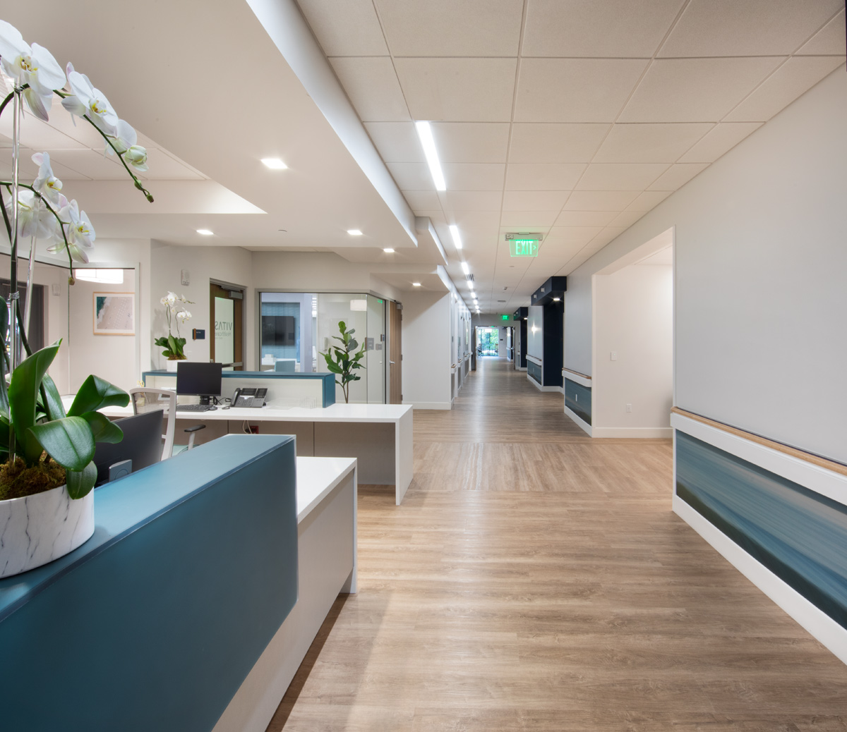 Interior design view of a reception corridor at the Vitas Galloway Hospice, Miami, FL