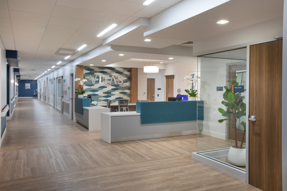 Interior design view of a corridor at the Vitas Galloway Hospice, Miami, FL