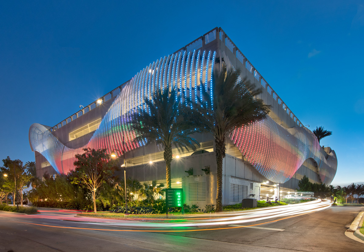 Architectural facade view of the Las Olas garage in Fort Lauderdale Beach, FL.