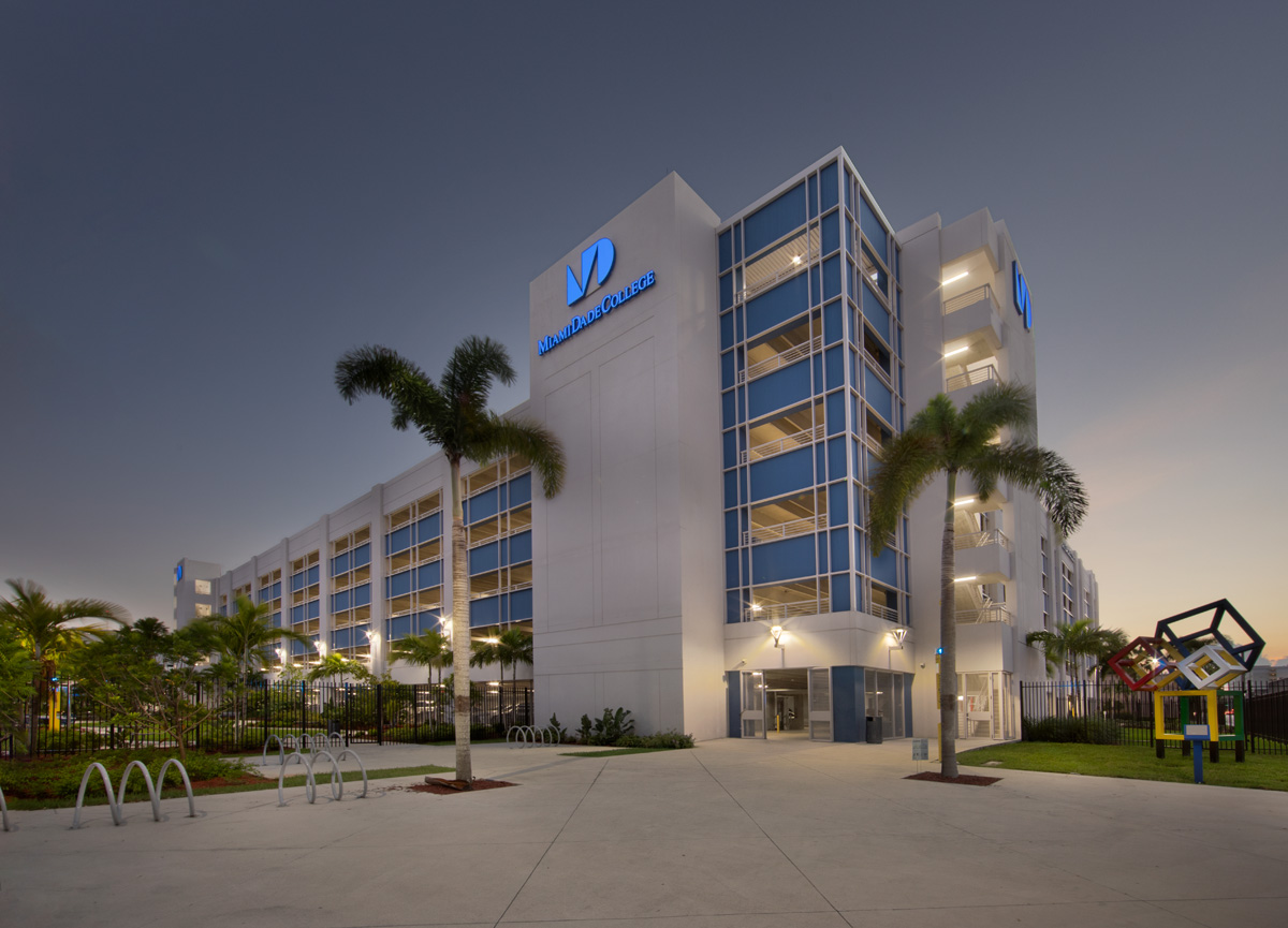 Architectural view of the Miami Dade College medical garage in Miami, FL.