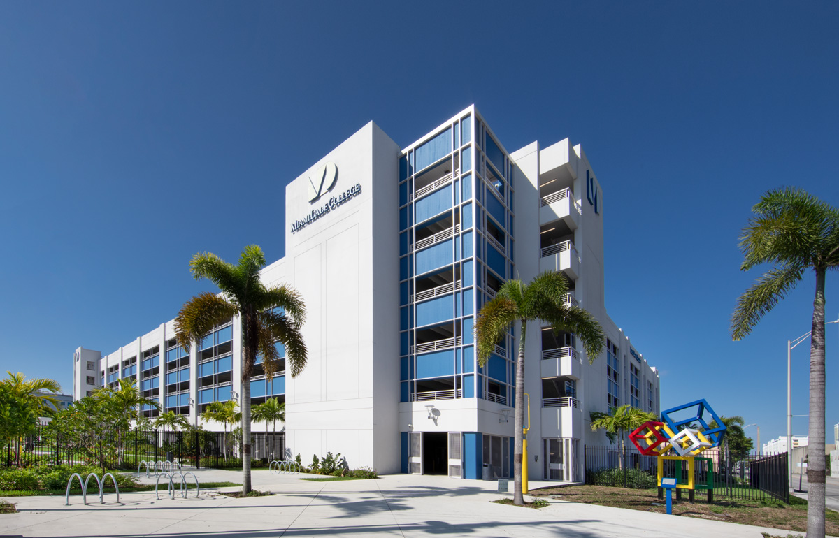 Architectural view of the Miami Dade College medical garage in Miami, FL.