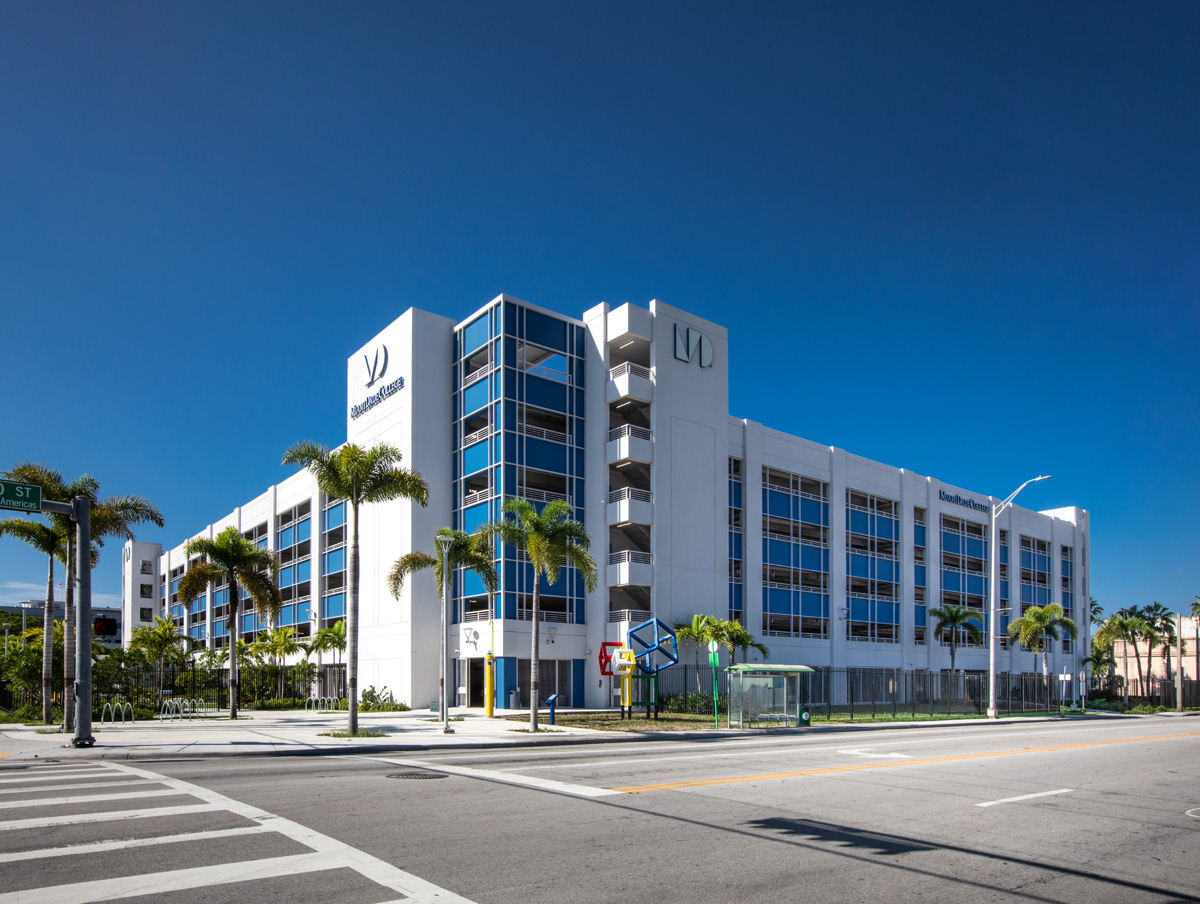 Architectural view of the Miami Dade College medical garage in Miami, FL.