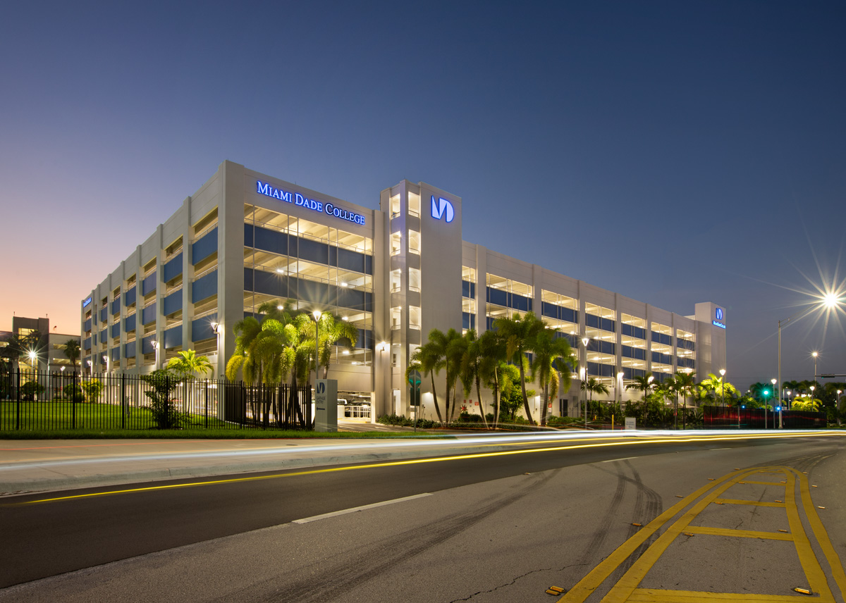 Architectural view of the Miami Dade College medical garage in Miami, FL.