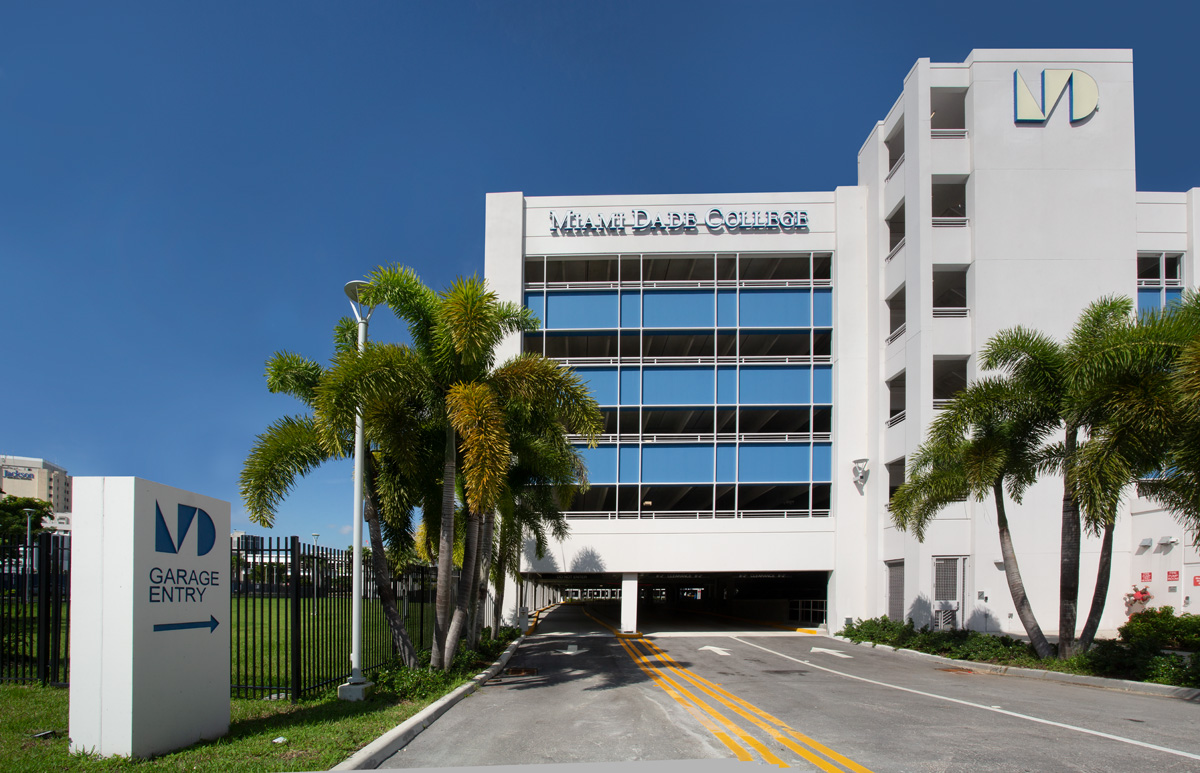 Architectural view of the Miami Dade College medical garage in Miami, FL.