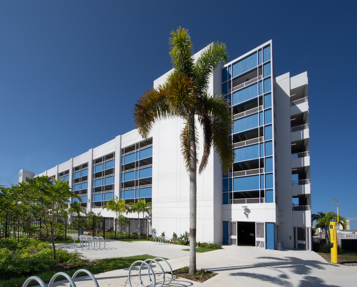 Architectural view of the Miami Dade College medical garage in Miami, FL.