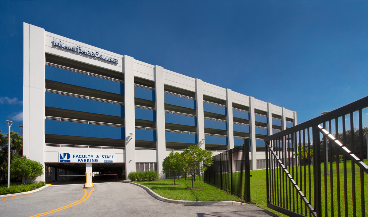 Architectural view of the Miami Dade College medical garage in Miami, FL.