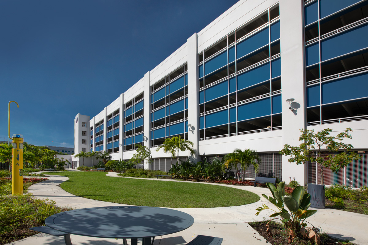 Architectural view of the Miami Dade College medical garage in Miami, FL.