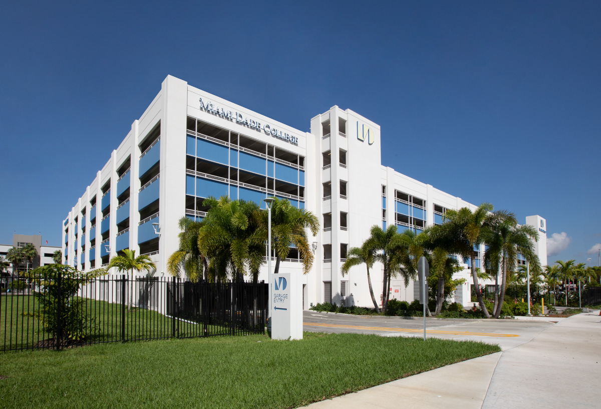 Architectural view of the Miami Dade College medical garage in Miami, FL.