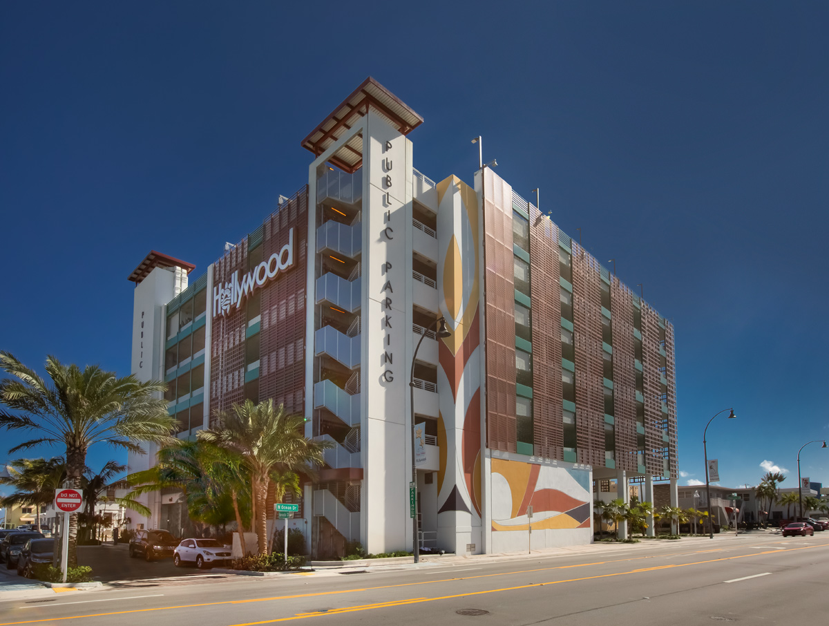 Architectural view of the Nebraska Garage at the beach in Hollywood, FL.