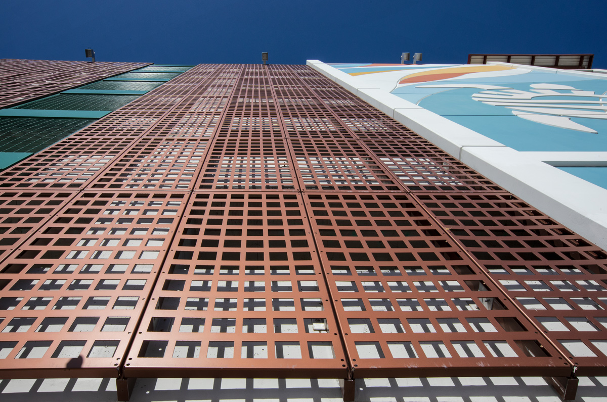 Architectural view of the Nebraska Garage facade at the beach in Hollywood, FL.