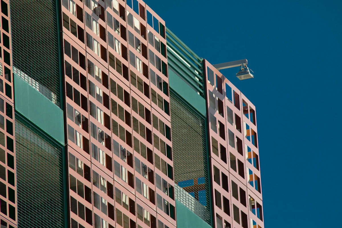 Architectural view of the Nebraska garage facade at the beach in Hollywood, FL.