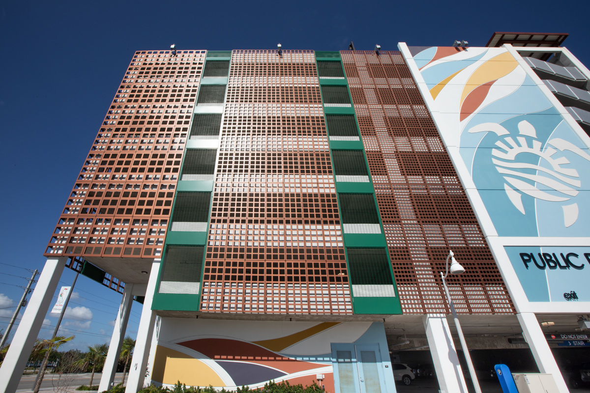 Architectural view of the Nebraska garage facade at the beach in Hollywood, FL.