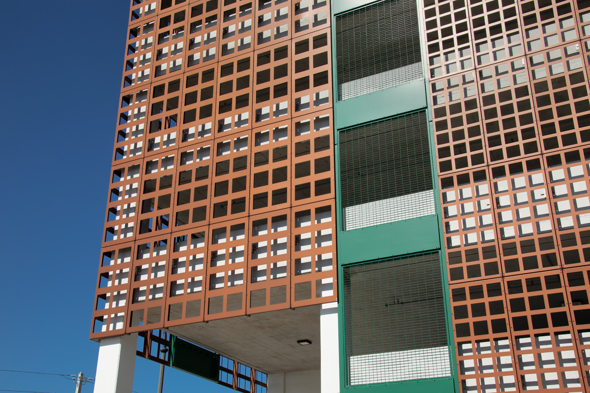 Architectural view of the Nebraska garage facade at the beach in Hollywood, FL.