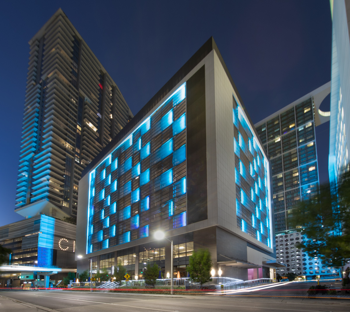 Architectural dusk view of the World Plaza garage, Miami, FL