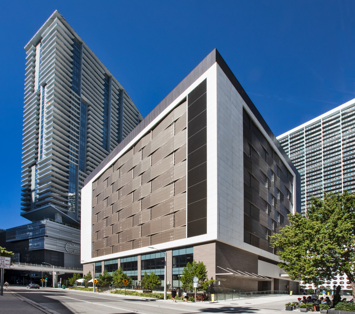 Architectural view of the World Plaza garage facade, Miami, FL