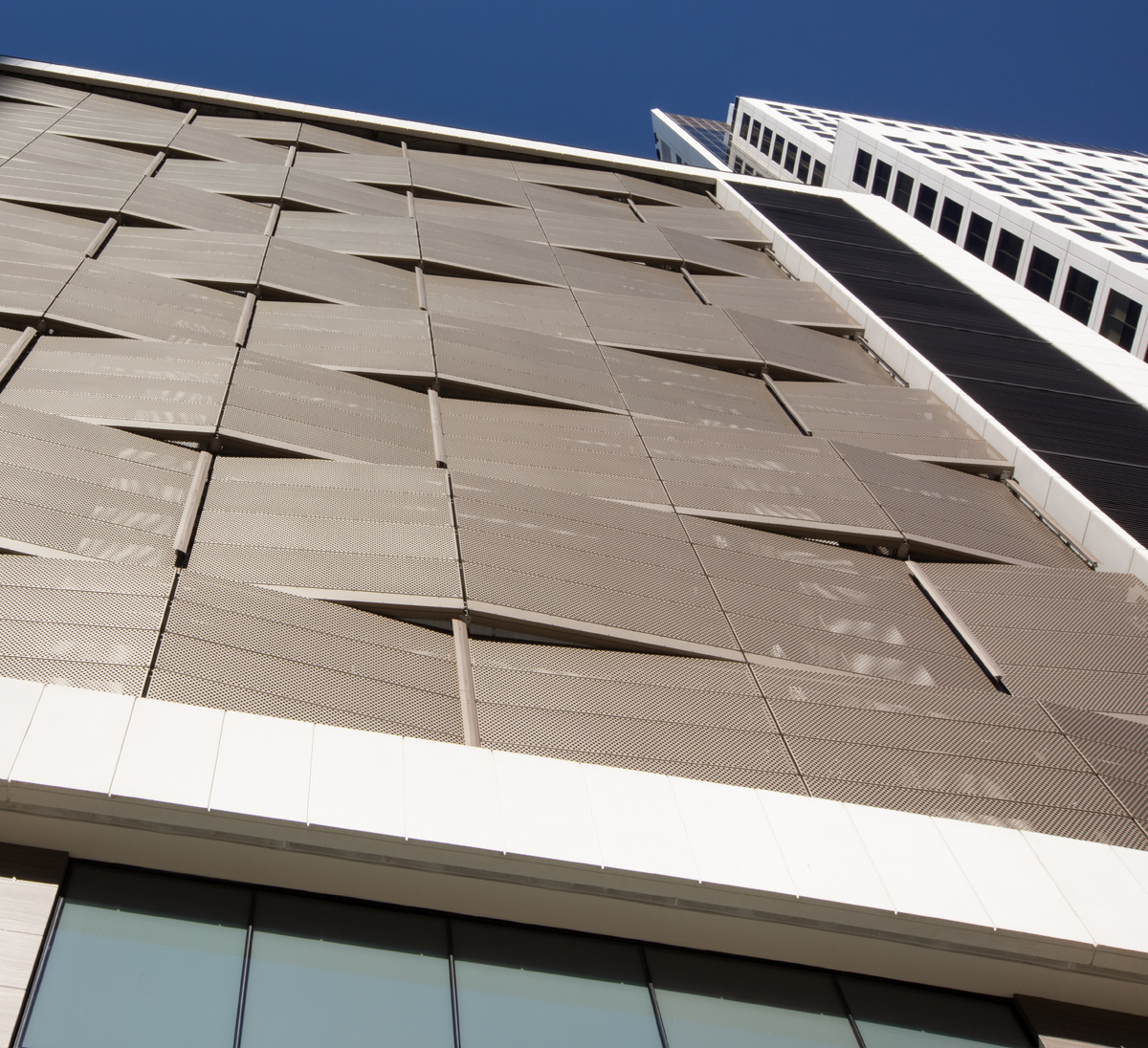 Architectural detail view of the World Plaza garage facade, Miami, FL