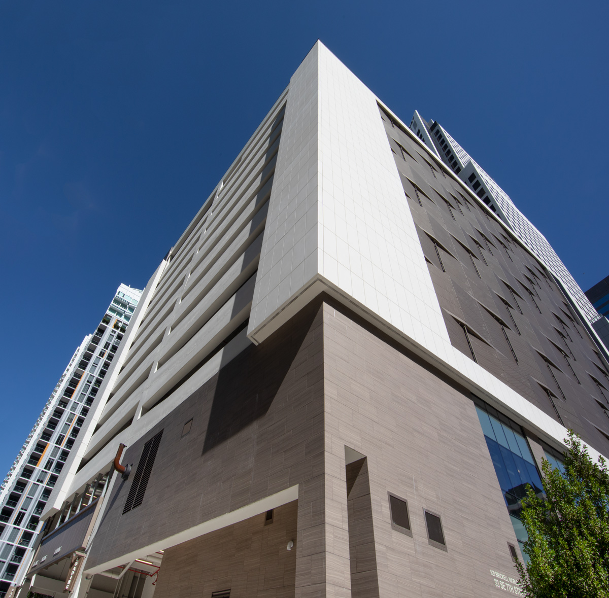 Architectural detail view of the World Plaza garage facade, Miami, FL