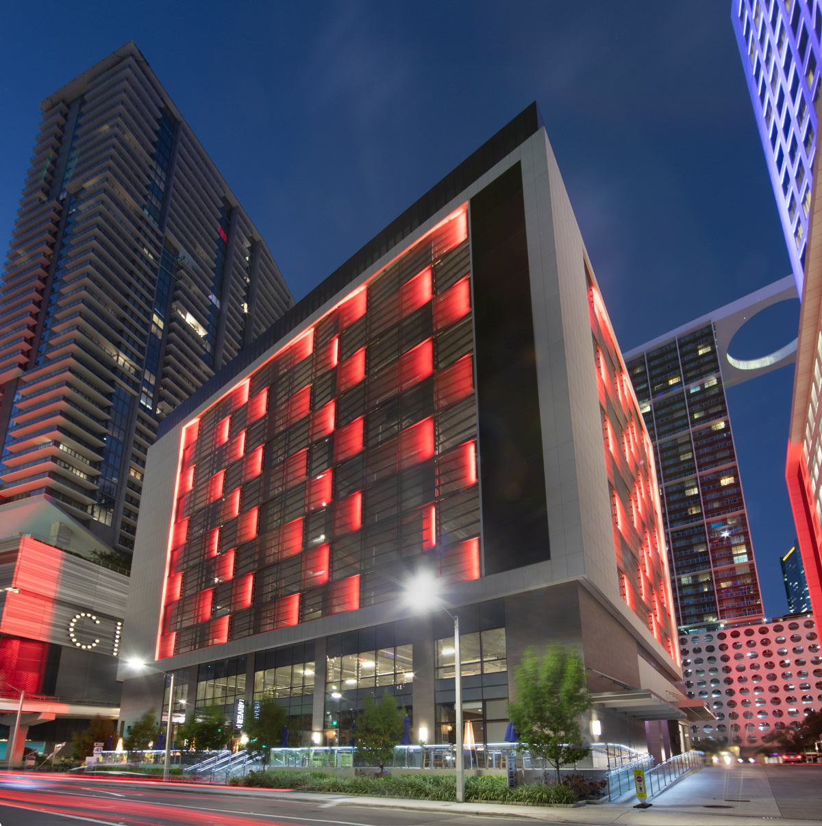 Architectural dusk view of the World Plaza garage, Miami, FL