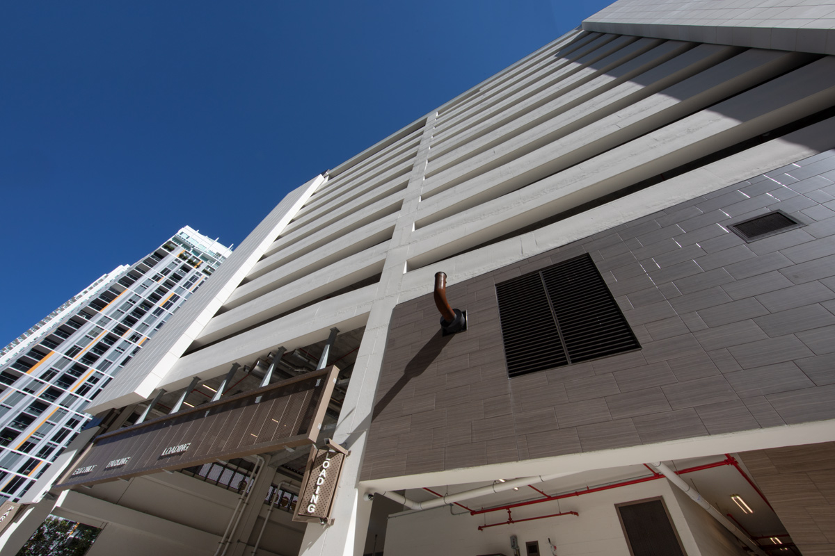 Architectural detail view of the World Plaza garage facade, Miami, FL