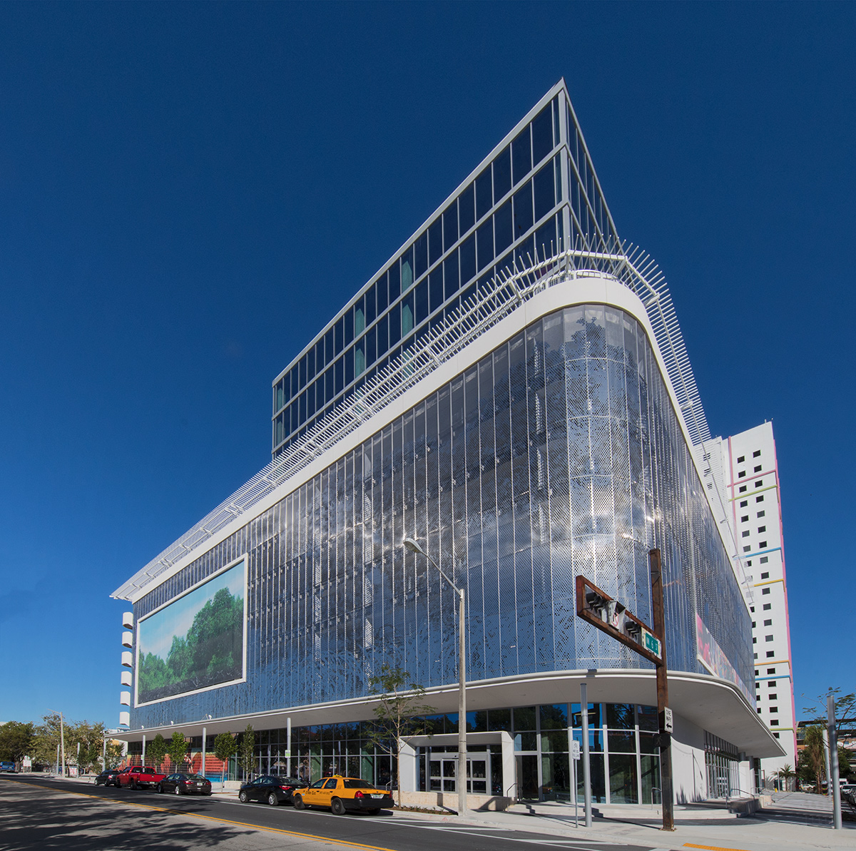 Architectural view of the All Aboard Florida building facade Miami, FL.